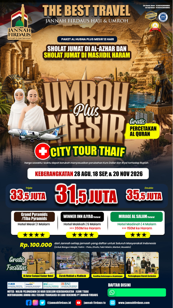 Flyer paket UMROH PLUS MESIR + CITY TOUR THAIF SHOLAT JUMAT DI MASJIDIL HARAM