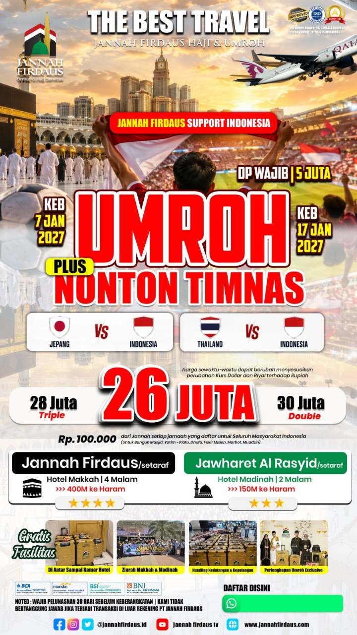 Flyer paket UMROH PLUS NONTON TIMNAS ( VS JEPANG & THAILAND)